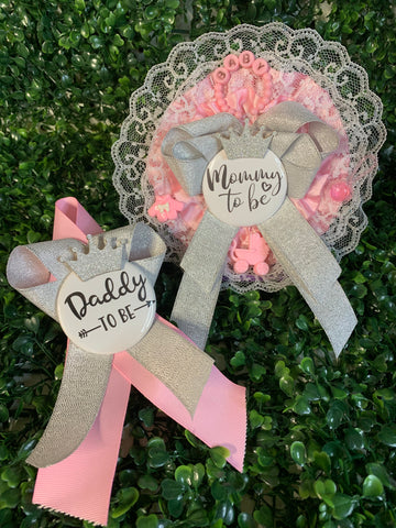 Family-To-Be Corsage & Ribbon Pins - Pink Silver Set